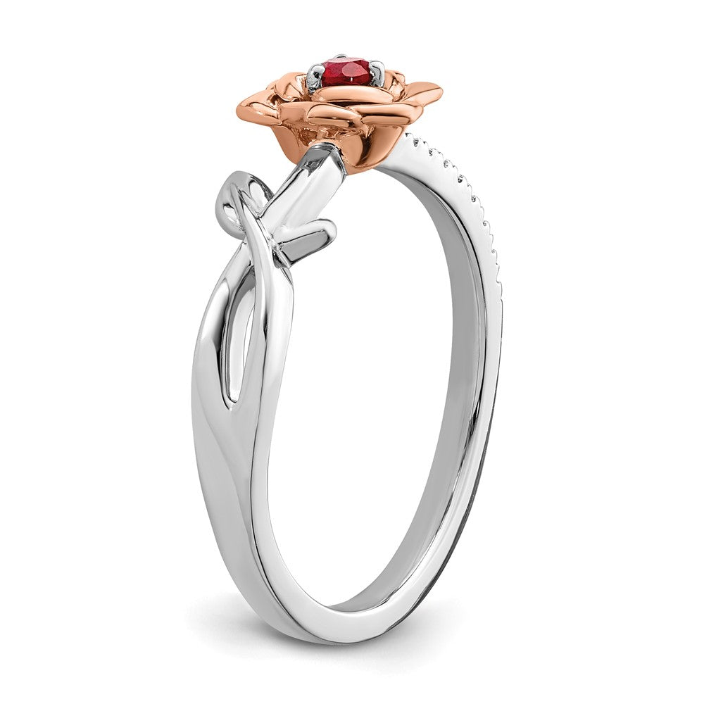 14K Bicolor Gold Blumen-Ring mit Rubin und echtem Diamant in Weiß & Rosé
