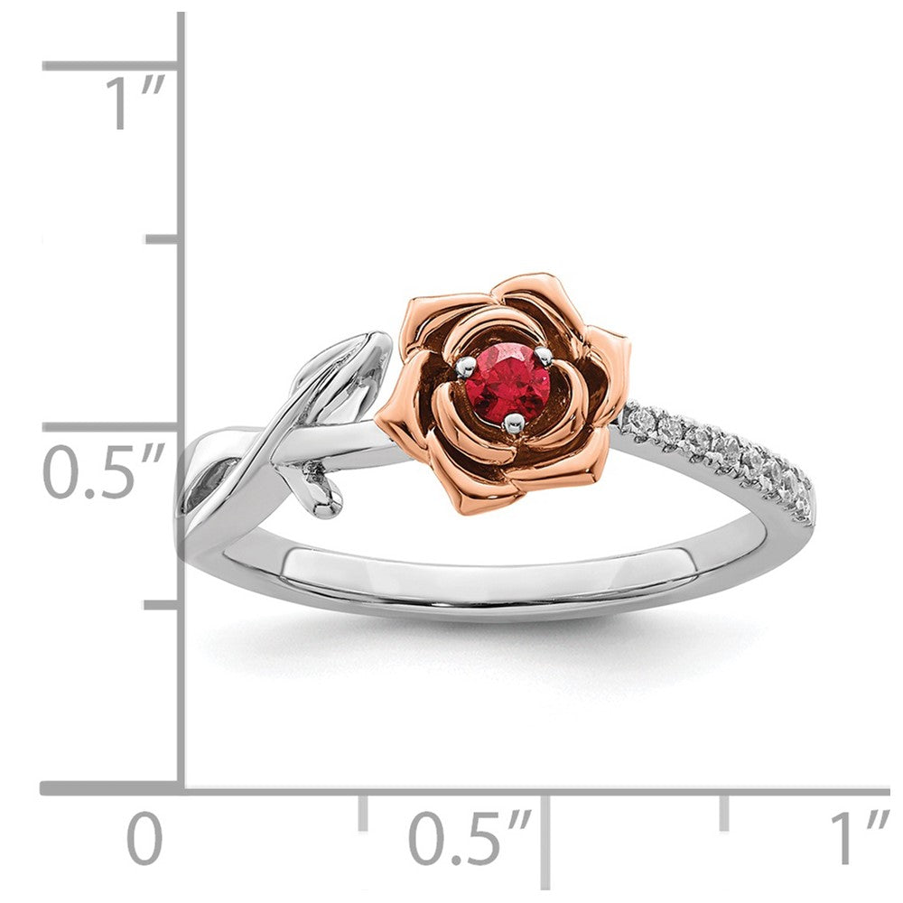 14K Bicolor Gold Blumen-Ring mit Rubin und echtem Diamant in Weiß & Rosé