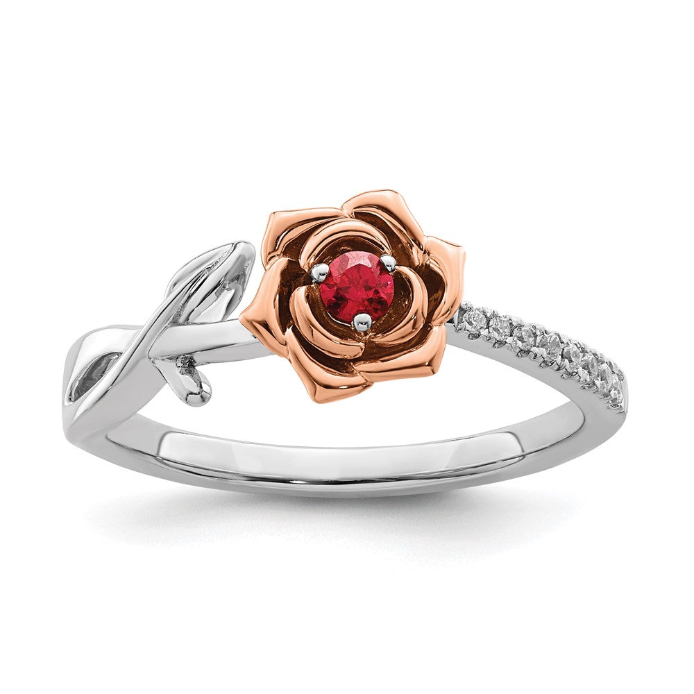 14K Bicolor Gold Blumen-Ring mit Rubin und echtem Diamant in Weiß & Rosé