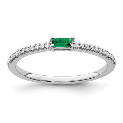 14K Weißgold Ring, poliert, mit Smaragd und echten Diamanten