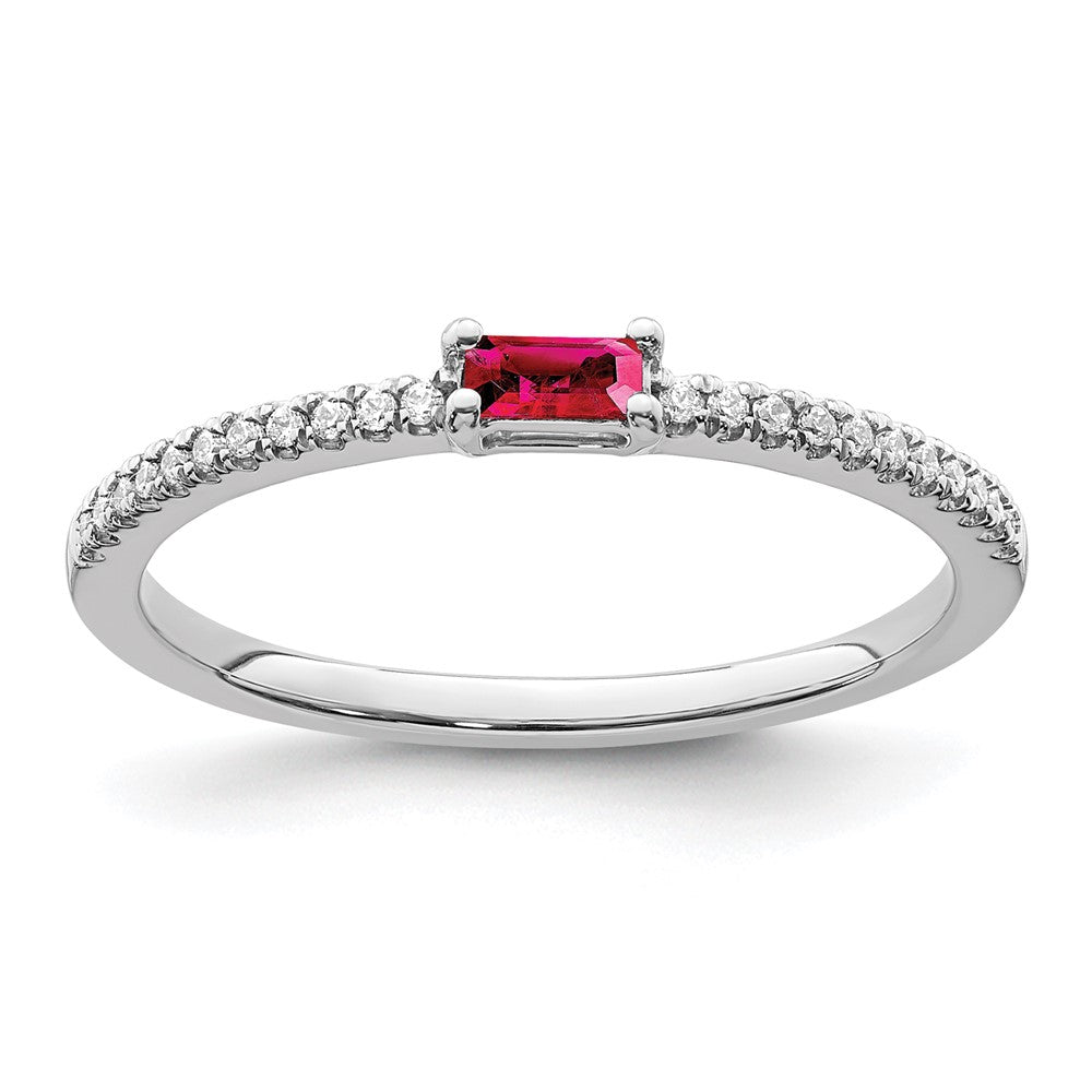 14K Weißgold Ring, poliert, mit Rubin und echtem Diamant