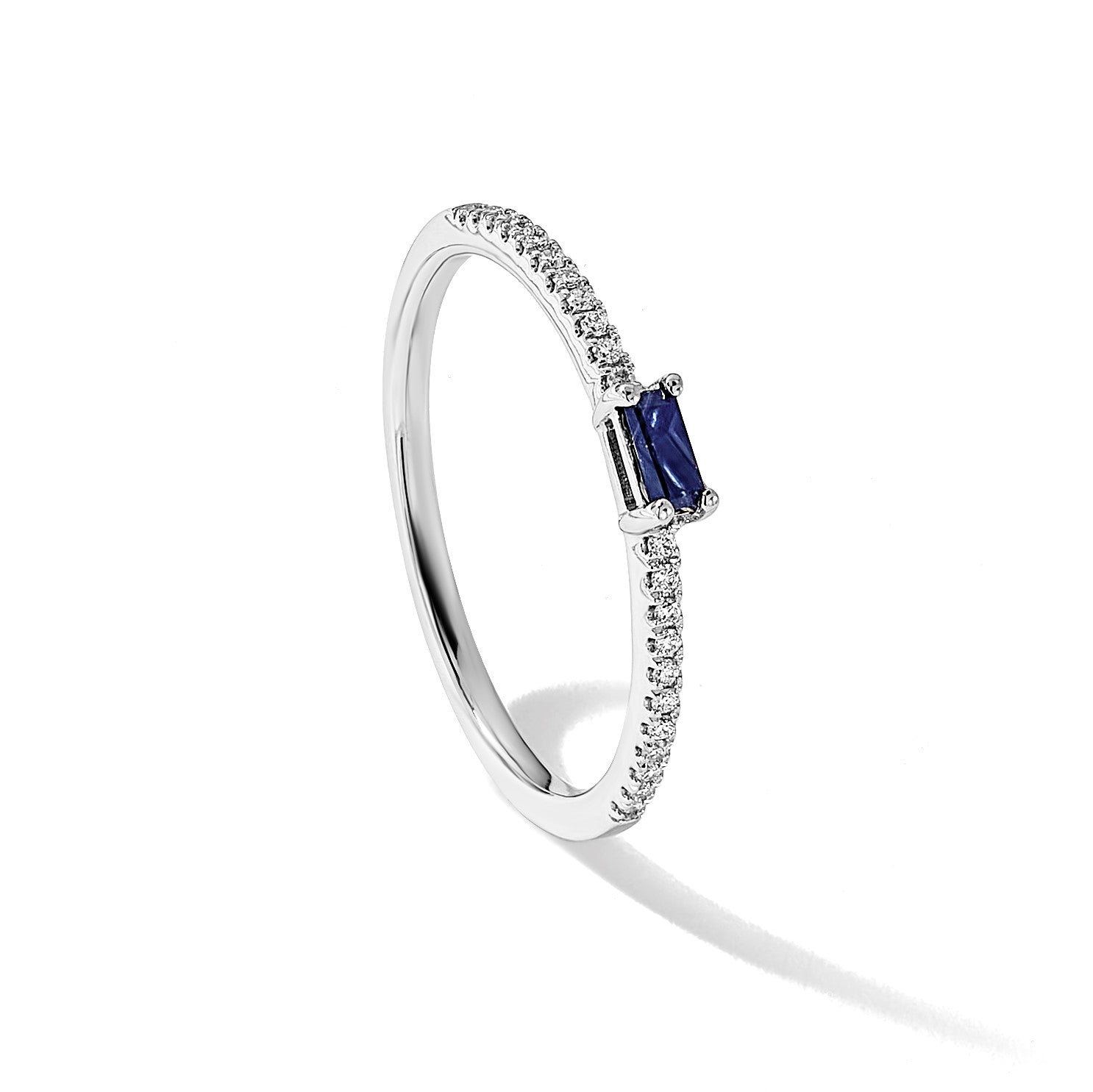 14K Weißgold Ring mit Saphir und echtem Diamant, poliert