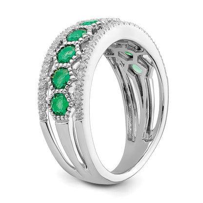14K Weißgold Ring, poliert, mit Smaragd und echten Diamanten