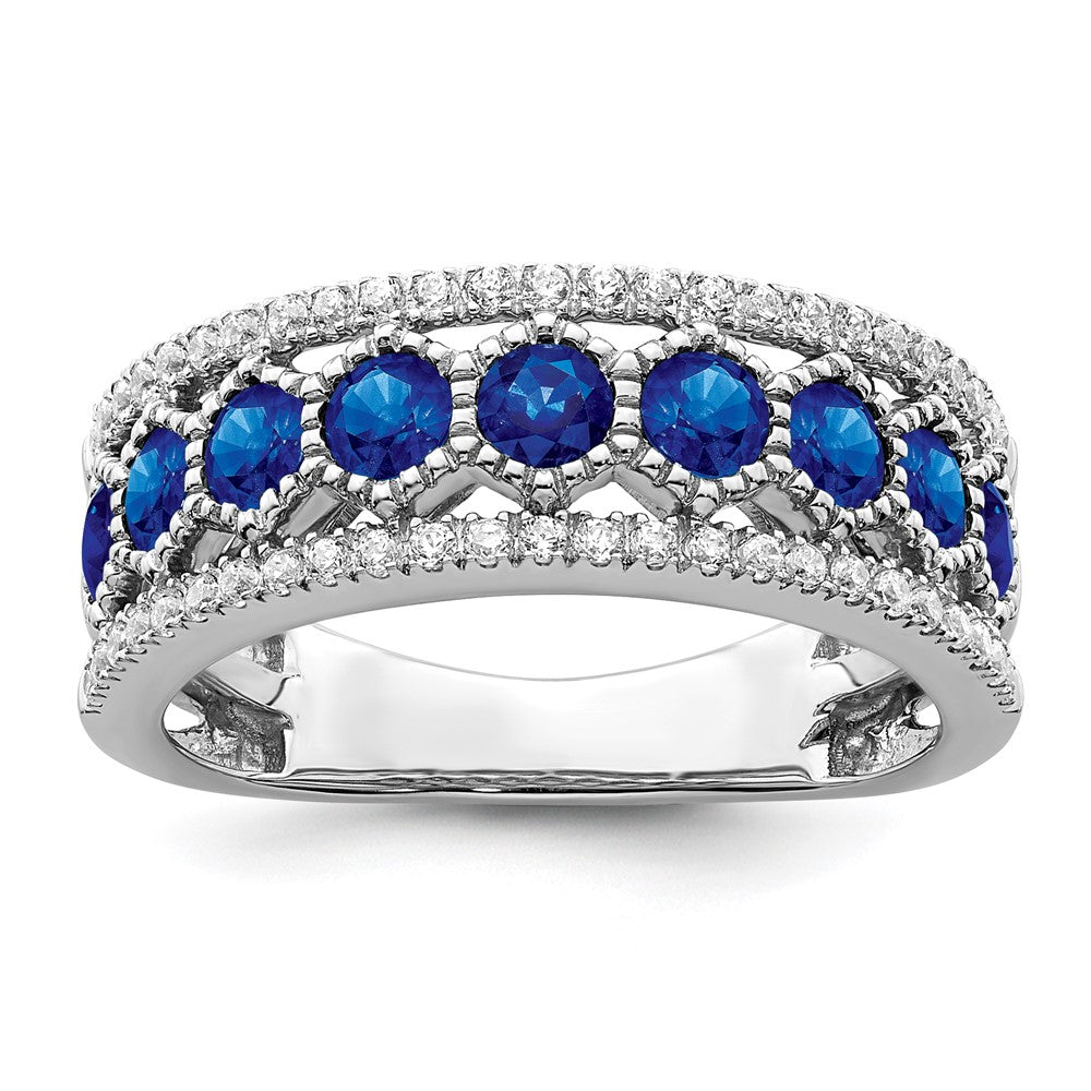 14K Weißgold Ring, poliert, mit Saphir und echtem Diamant