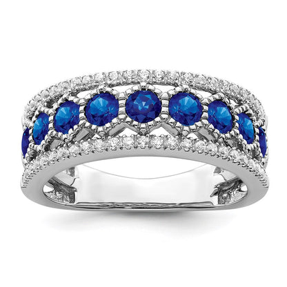 14K Weißgold Ring, poliert, mit Saphir und echtem Diamant
