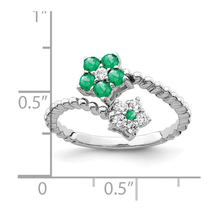 14K Weißgold Ring, poliert, mit Smaragd und echten Diamanten, Blumenmotiv