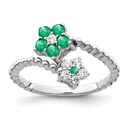 14K Weißgold Ring, poliert, mit Smaragd und echten Diamanten, Blumenmotiv