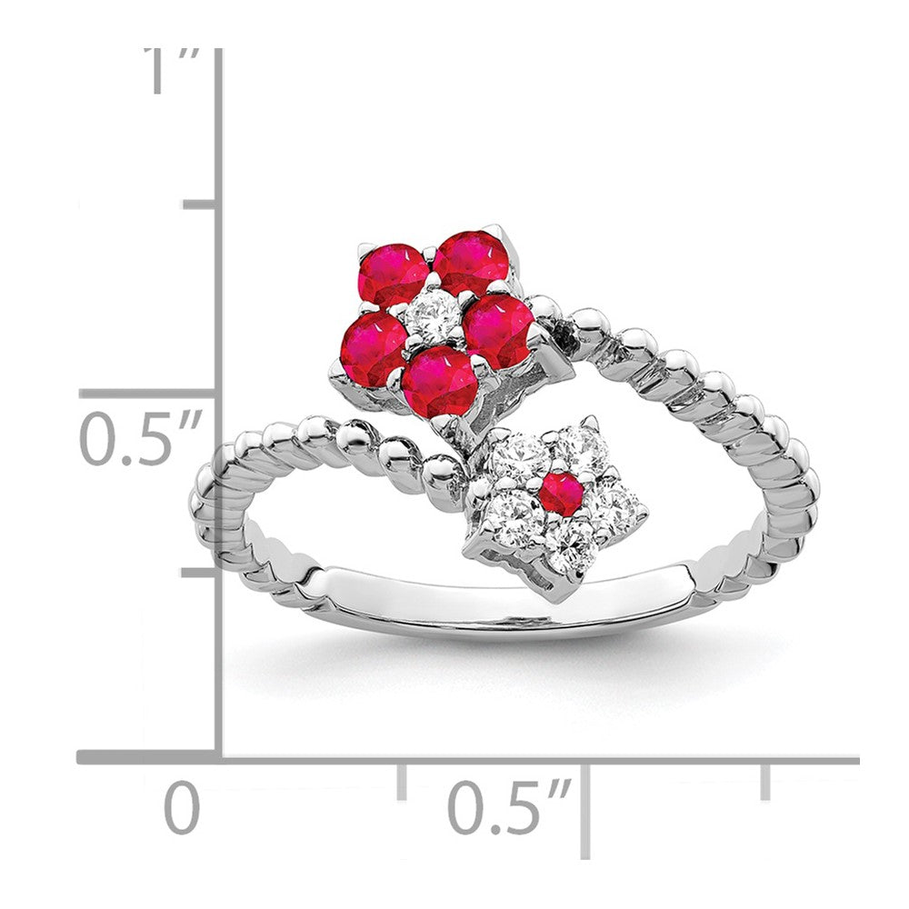 14K Weißgold Ring, poliert, mit Rubin und echten Diamanten, Blumenmotiv