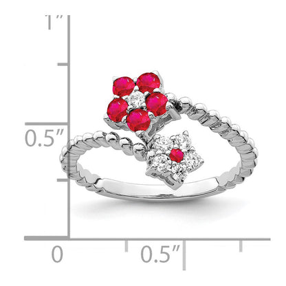 14K Weißgold Ring, poliert, mit Rubin und echten Diamanten, Blumenmotiv