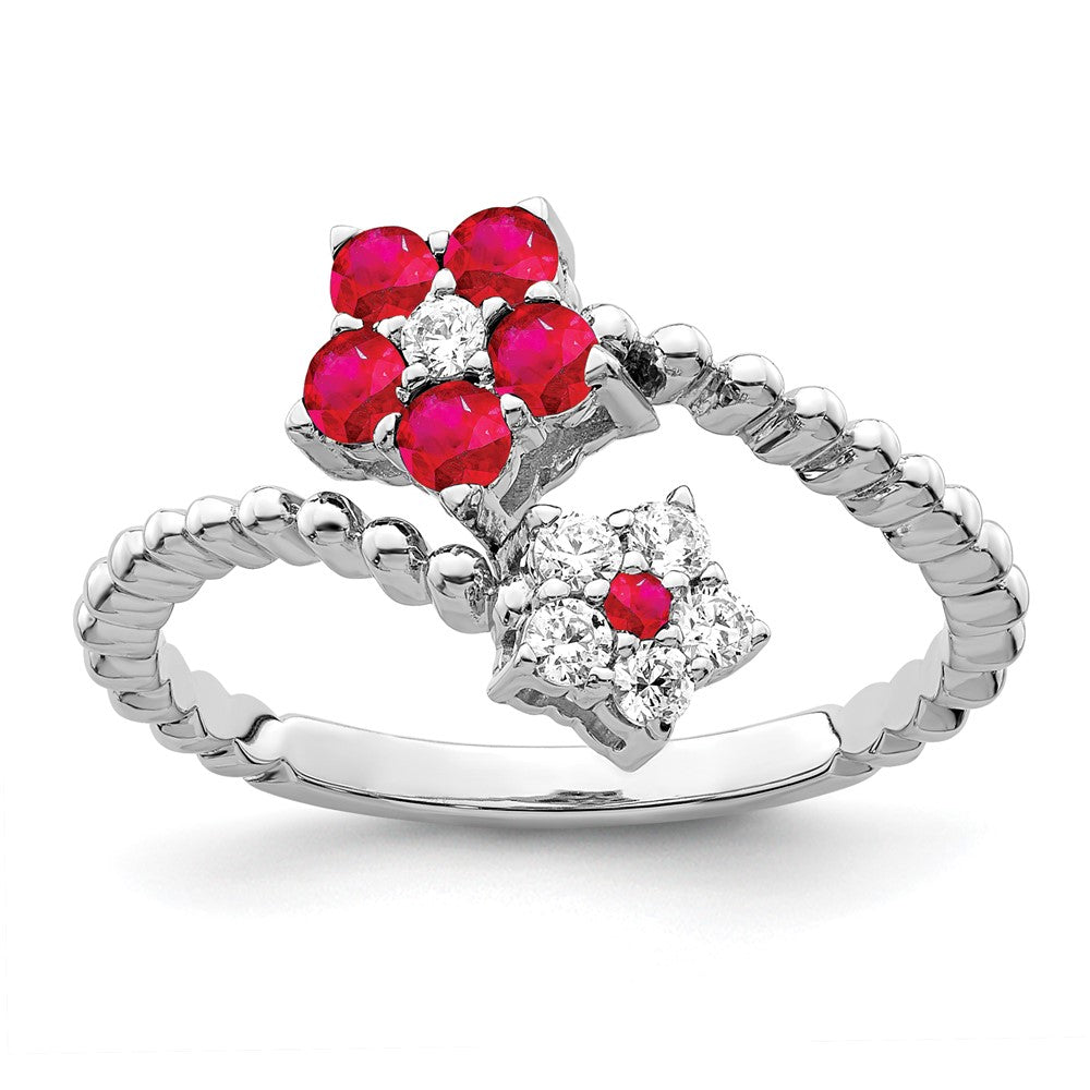14K Weißgold Ring, poliert, mit Rubin und echten Diamanten, Blumenmotiv