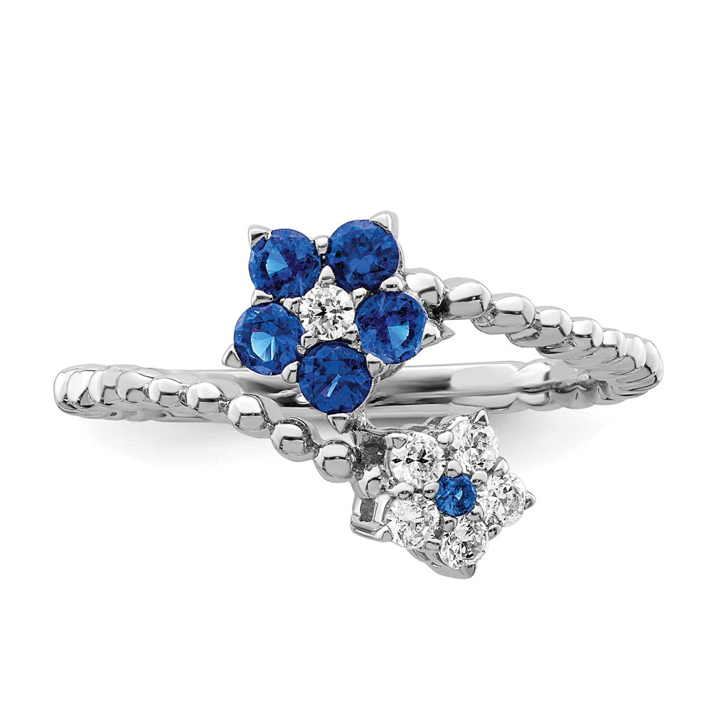14K Weißgold Ring mit poliertem Saphir und echten Diamanten, Blumendesign