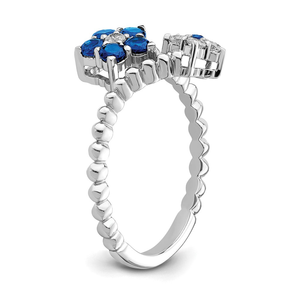 14K Weißgold Ring mit poliertem Saphir und echten Diamanten, Blumendesign