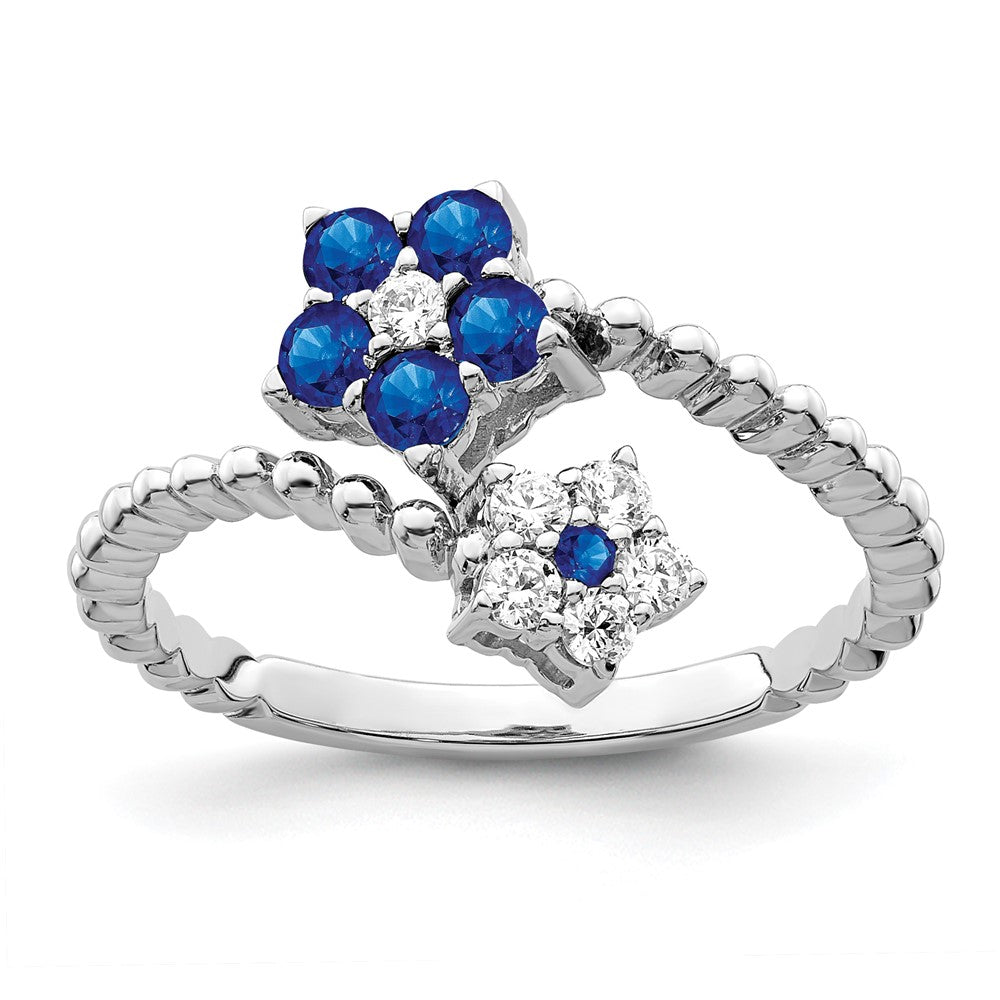 14K Weißgold Ring mit poliertem Saphir und echten Diamanten, Blumendesign