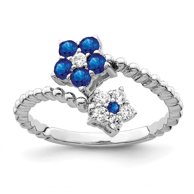14K Weißgold Ring mit poliertem Saphir und echten Diamanten, Blumendesign