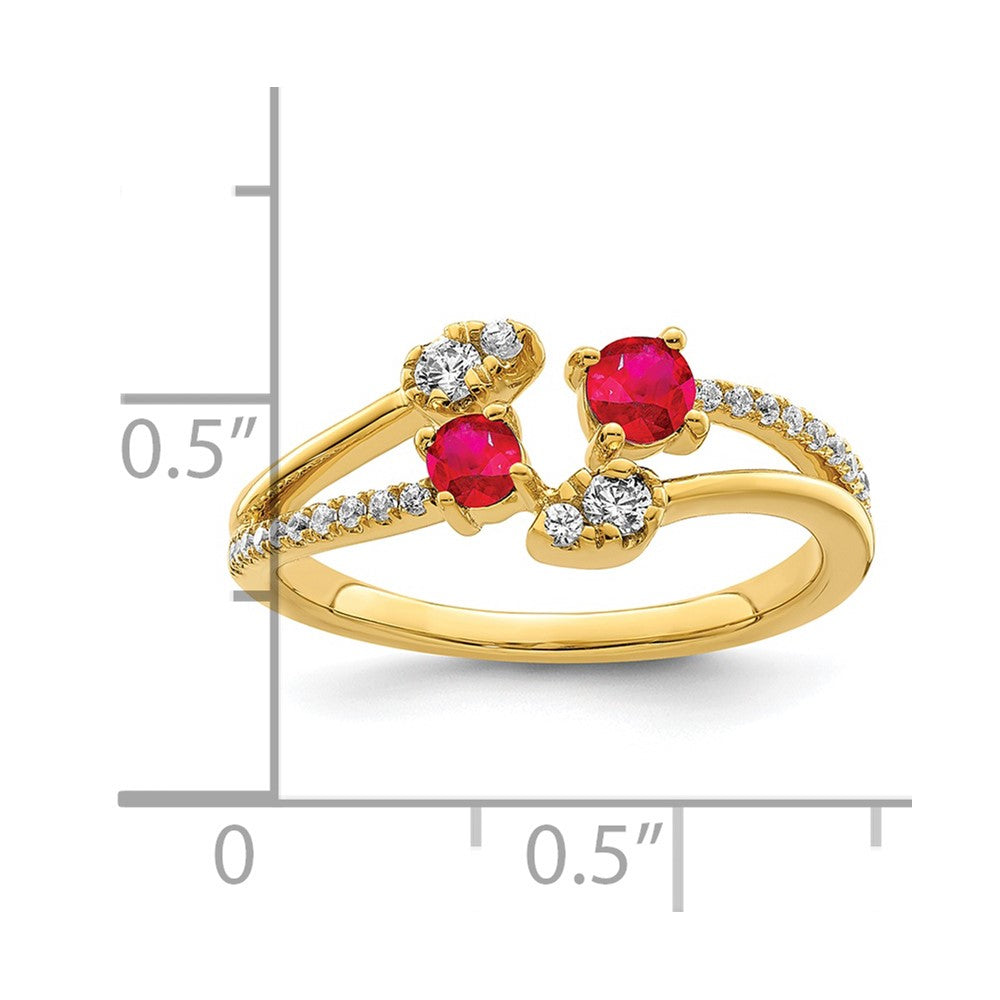 14K Gold Ring mit Rubin und echtem Diamant, poliert, Bypass-Design
