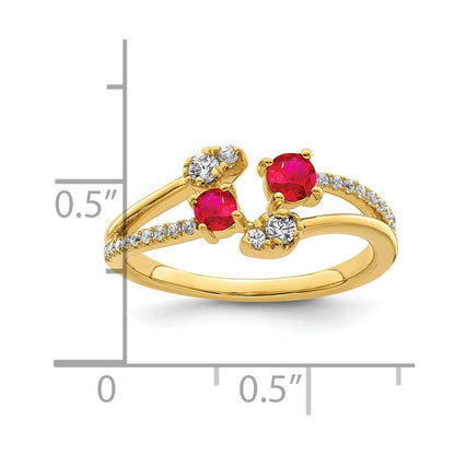 14K Gold Ring mit Rubin und echtem Diamant, poliert, Bypass-Design