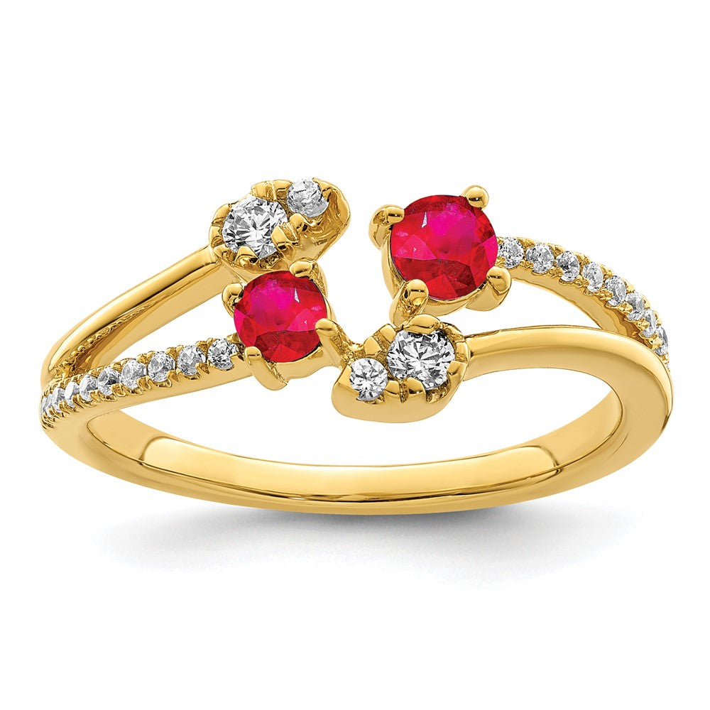 14K Gold Ring mit Rubin und echtem Diamant, poliert, Bypass-Design