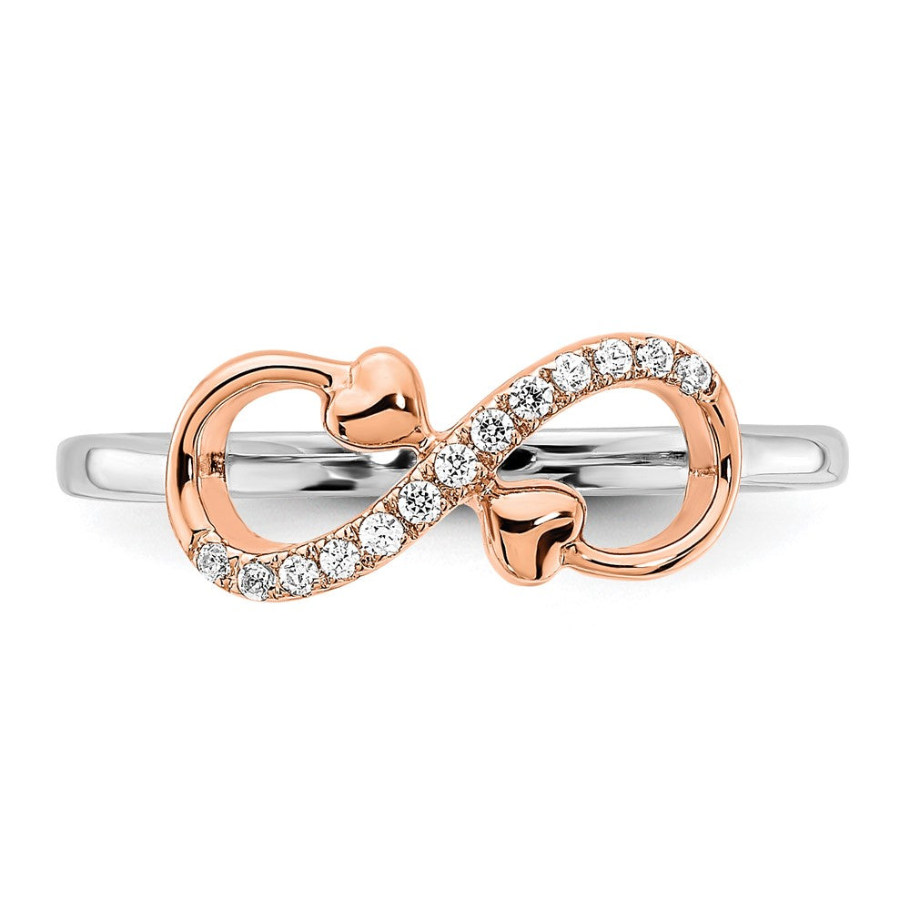 14K Zweifarbiger Gold Weiß- und Roségold Polierter Infinity-Herzen Ring mit echten Diamanten