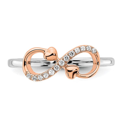 14K Zweifarbiger Gold Weiß- und Roségold Polierter Infinity-Herzen Ring mit echten Diamanten