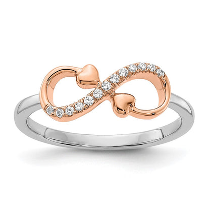 14K Zweifarbiger Gold Weiß- und Roségold Polierter Infinity-Herzen Ring mit echten Diamanten