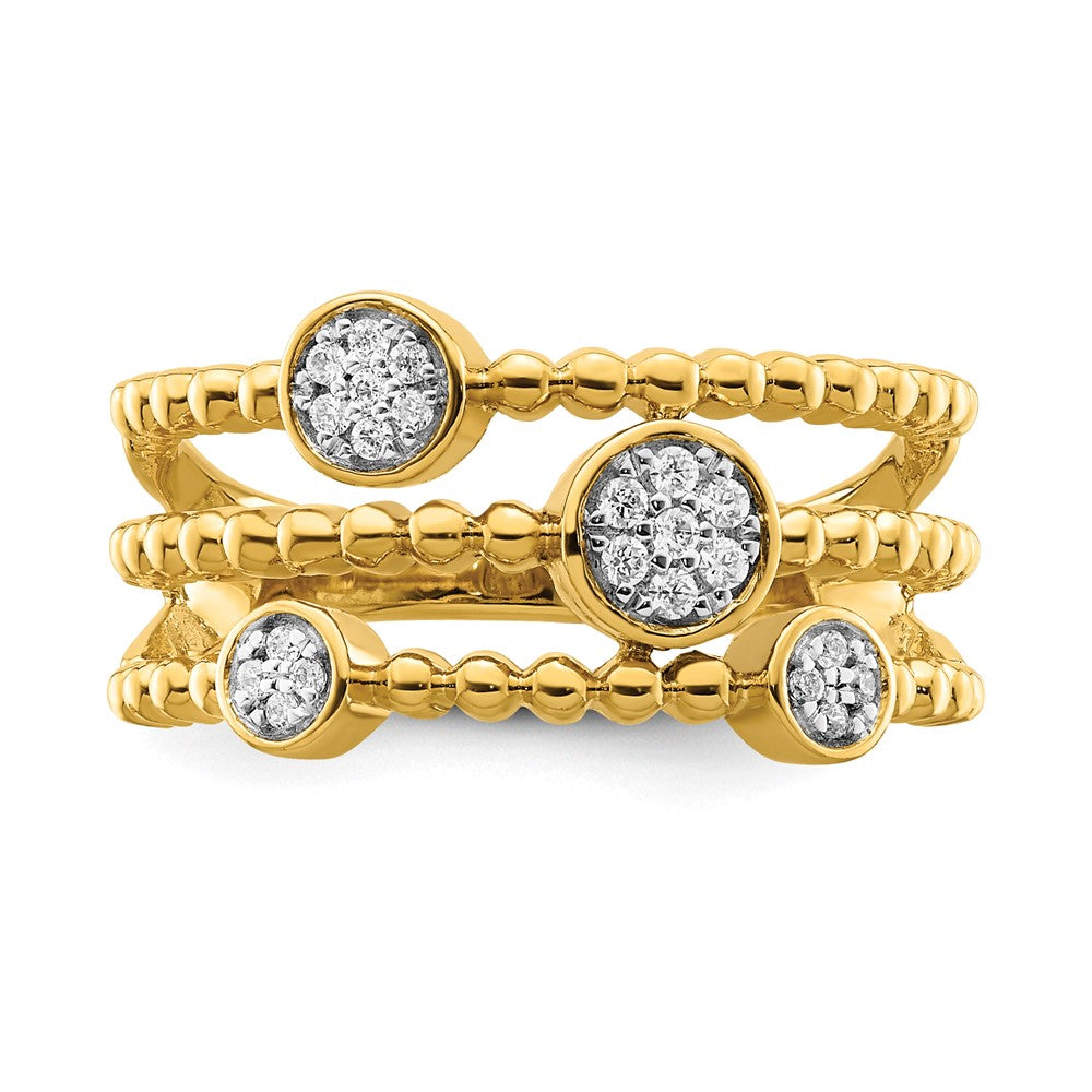 14K Gelbgold Poliertes Mehrreihiges Ring mit Pavé-Kreisen und echten Diamanten Korrigiert (Genus/Kongruenz): 14K Gelbgold Polierter Mehrreihiger Ring mit Pavé-Kreisen und echten Diamanten