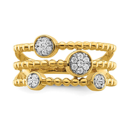 14K Gelbgold Poliertes Mehrreihiges Ring mit Pavé-Kreisen und echten Diamanten Korrigiert (Genus/Kongruenz): 14K Gelbgold Polierter Mehrreihiger Ring mit Pavé-Kreisen und echten Diamanten