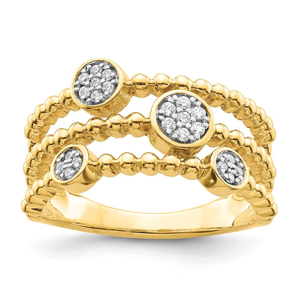 14K Gelbgold Poliertes Mehrreihiges Ring mit Pavé-Kreisen und echten Diamanten Korrigiert (Genus/Kongruenz): 14K Gelbgold Polierter Mehrreihiger Ring mit Pavé-Kreisen und echten Diamanten