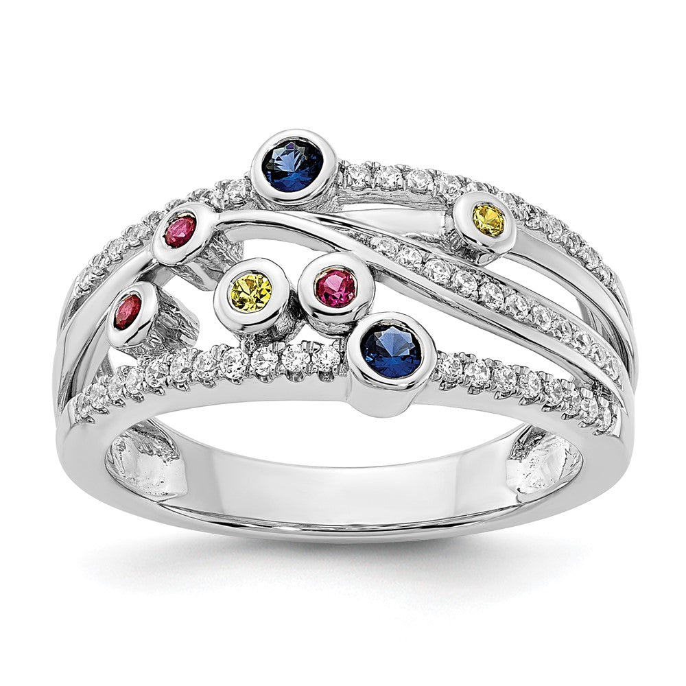14K Weißgold Ring mit Hochglanzpolitur, mehreren Edelsteinen und echten Diamanten, Orbit-Design