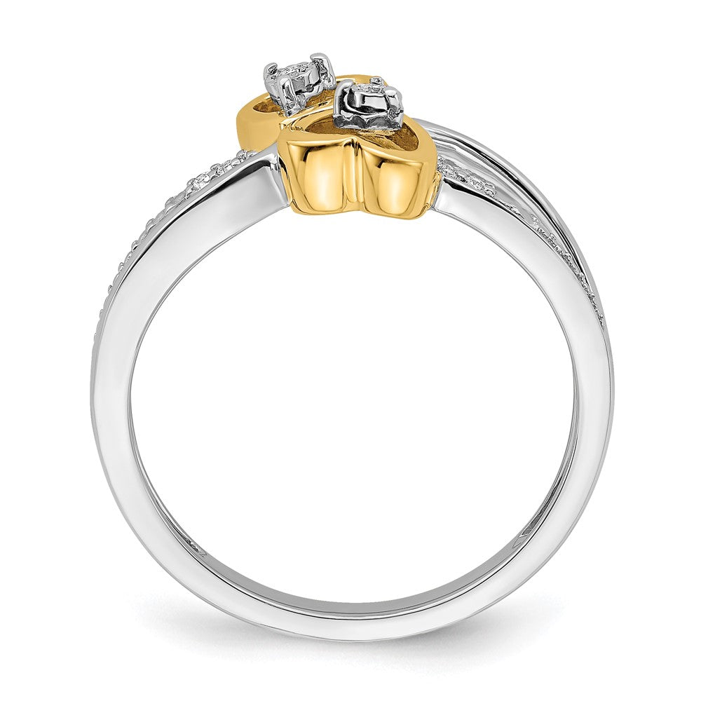 14K Bicolor Gold Polierter Doppelherz-Ring mit echten Diamanten