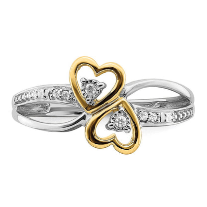 14K Bicolor Gold Polierter Doppelherz-Ring mit echten Diamanten