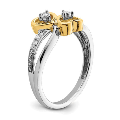 14K Bicolor Gold Polierter Doppelherz-Ring mit echten Diamanten