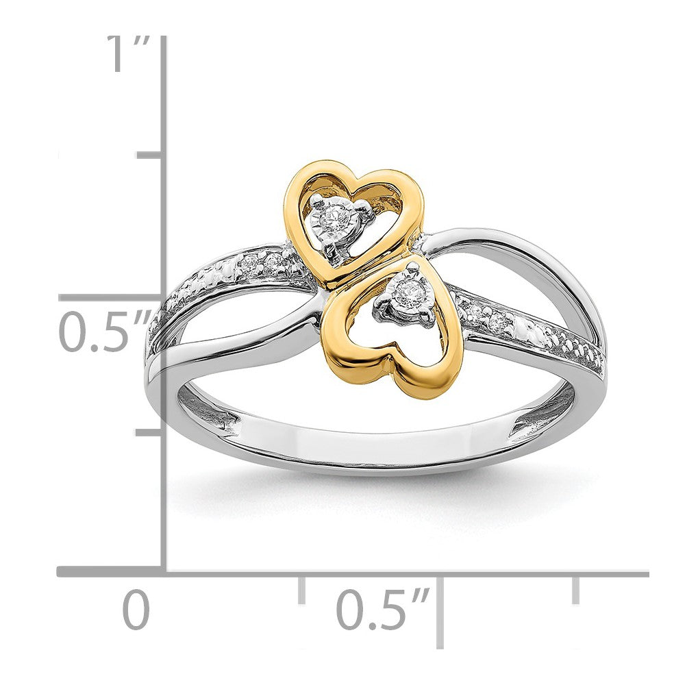 14K Bicolor Gold Polierter Doppelherz-Ring mit echten Diamanten
