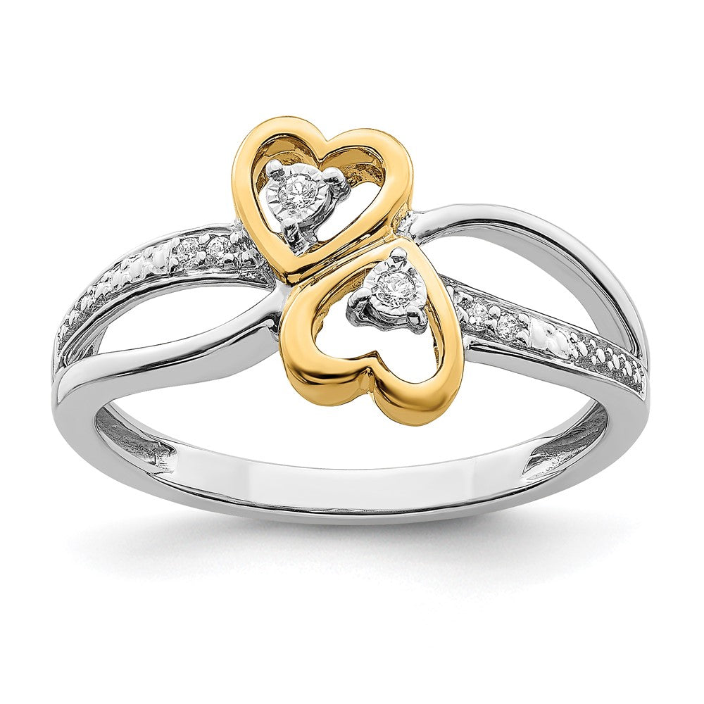 14K Bicolor Gold Polierter Doppelherz-Ring mit echten Diamanten