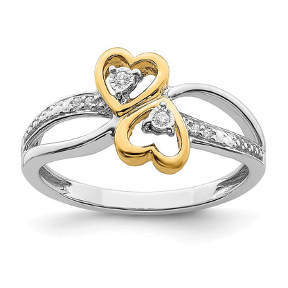 14K Bicolor Gold Polierter Doppelherz-Ring mit echten Diamanten