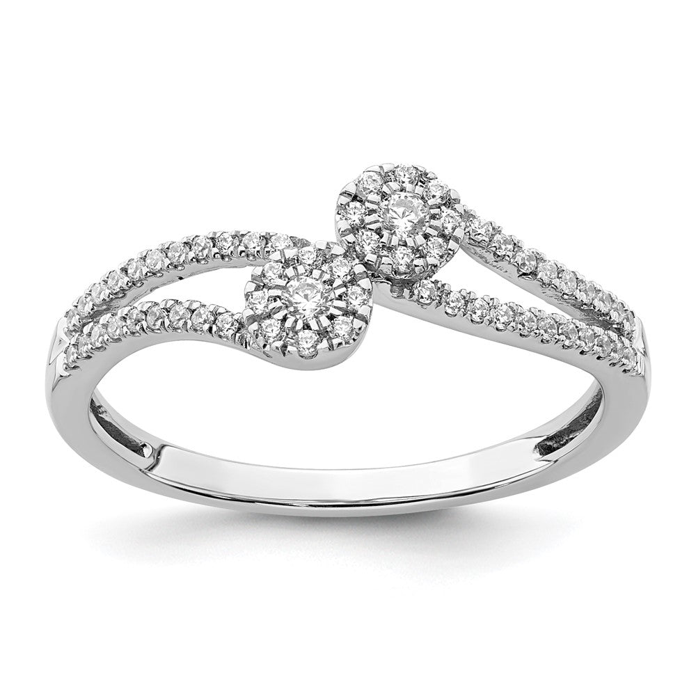 14K Weißgold Ring mit polierten, doppelten Pavé-Kreisen im ByPass-Design