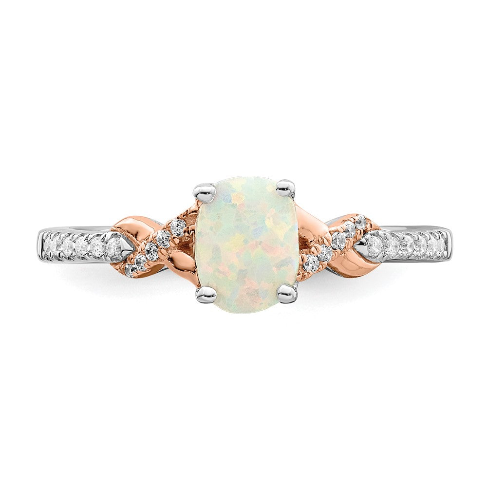 14K Bicolor Gold Ring mit ovalem Opal und echten Diamanten, poliert