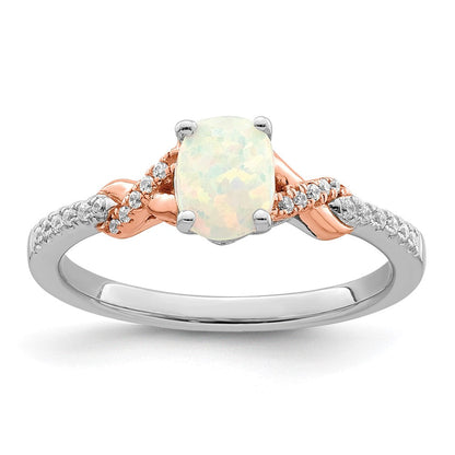 14K Bicolor Gold Ring mit ovalem Opal und echten Diamanten, poliert