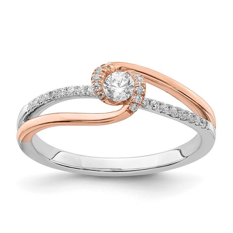 14K Zweifarbiges Weiß- und Roségold Poliert Fancy ByPass Ring mit echten Diamanten