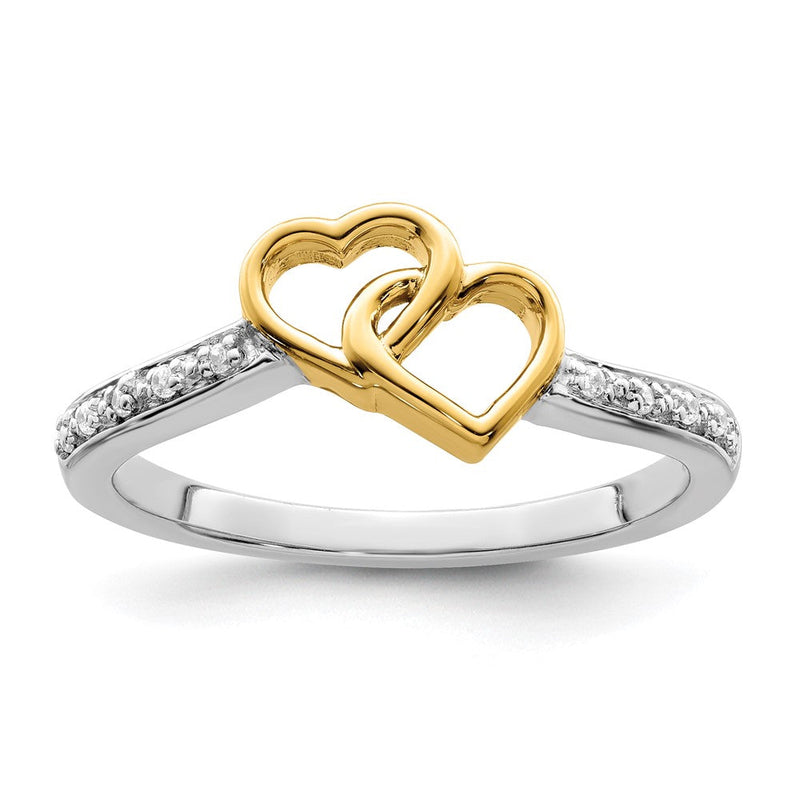 14K Bicolor Gold Ring mit poliertem Doppelherz und echten Diamanten
