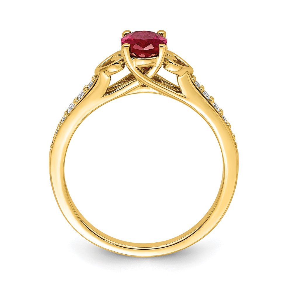 14K Gelbgold Ring mit polierten Herzen an der Seite, Rubin und echten Diamanten