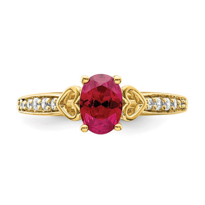 14K Gelbgold Ring mit polierten Herzen an der Seite, Rubin und echten Diamanten
