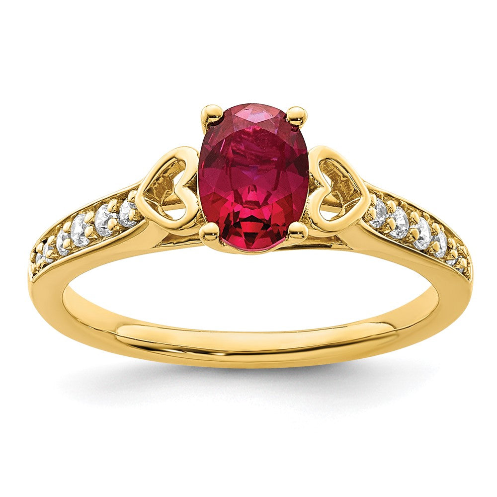 14K Gelbgold Ring mit polierten Herzen an der Seite, Rubin und echten Diamanten