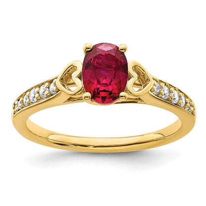 14K Gelbgold Ring mit polierten Herzen an der Seite, Rubin und echten Diamanten