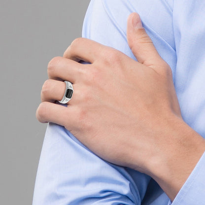 14K Weißgold polierter und satinierter Herrenring mit Onyx und echten Diamanten