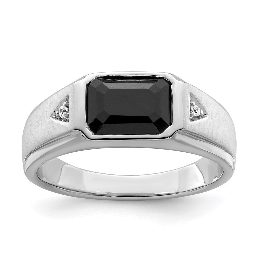 14K Weißgold polierter und satinierter Herrenring mit Onyx und echten Diamanten