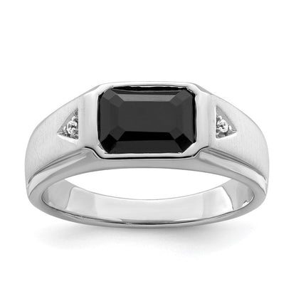 14K Weißgold polierter und satinierter Herrenring mit Onyx und echten Diamanten