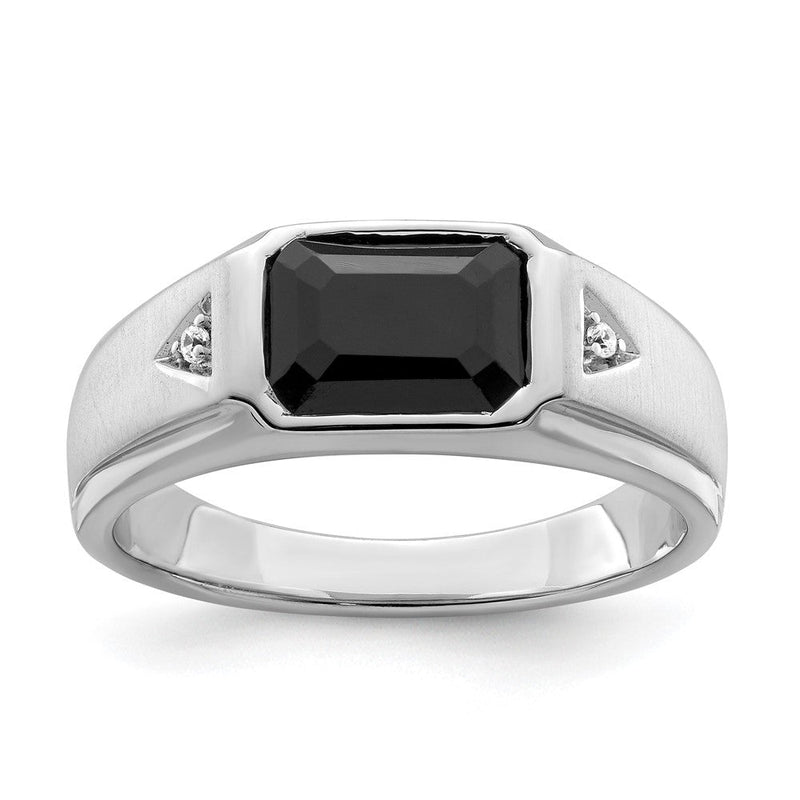 14K Weißgold polierter und satinierter Herrenring mit Onyx und echten Diamanten