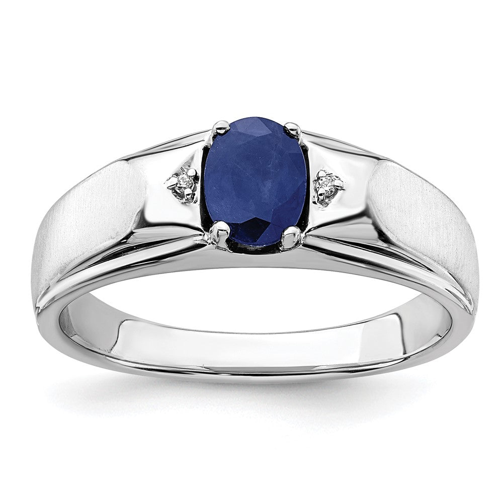 14K Weißgold Ring poliert & satiniert mit Saphir & echtem Diamant für Herren