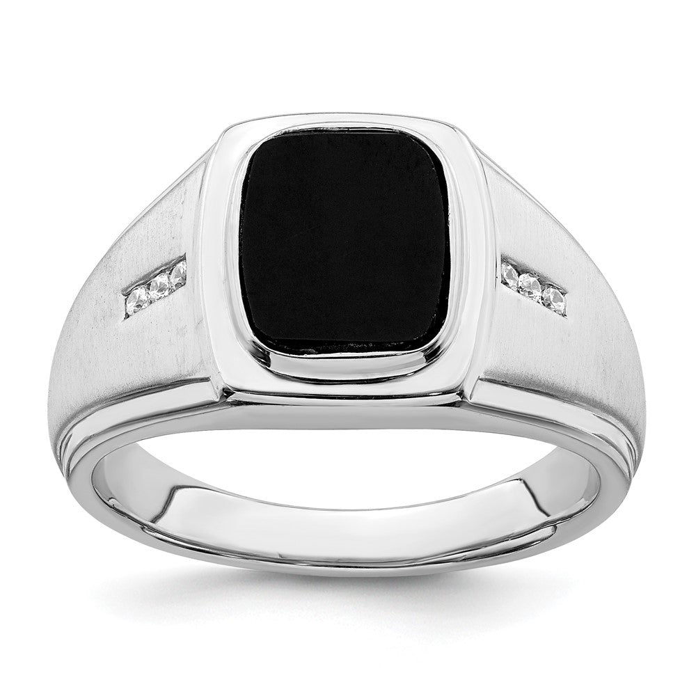 14K Weißgold Herrenring, poliert & satiniert, mit Onyx & echten Diamanten