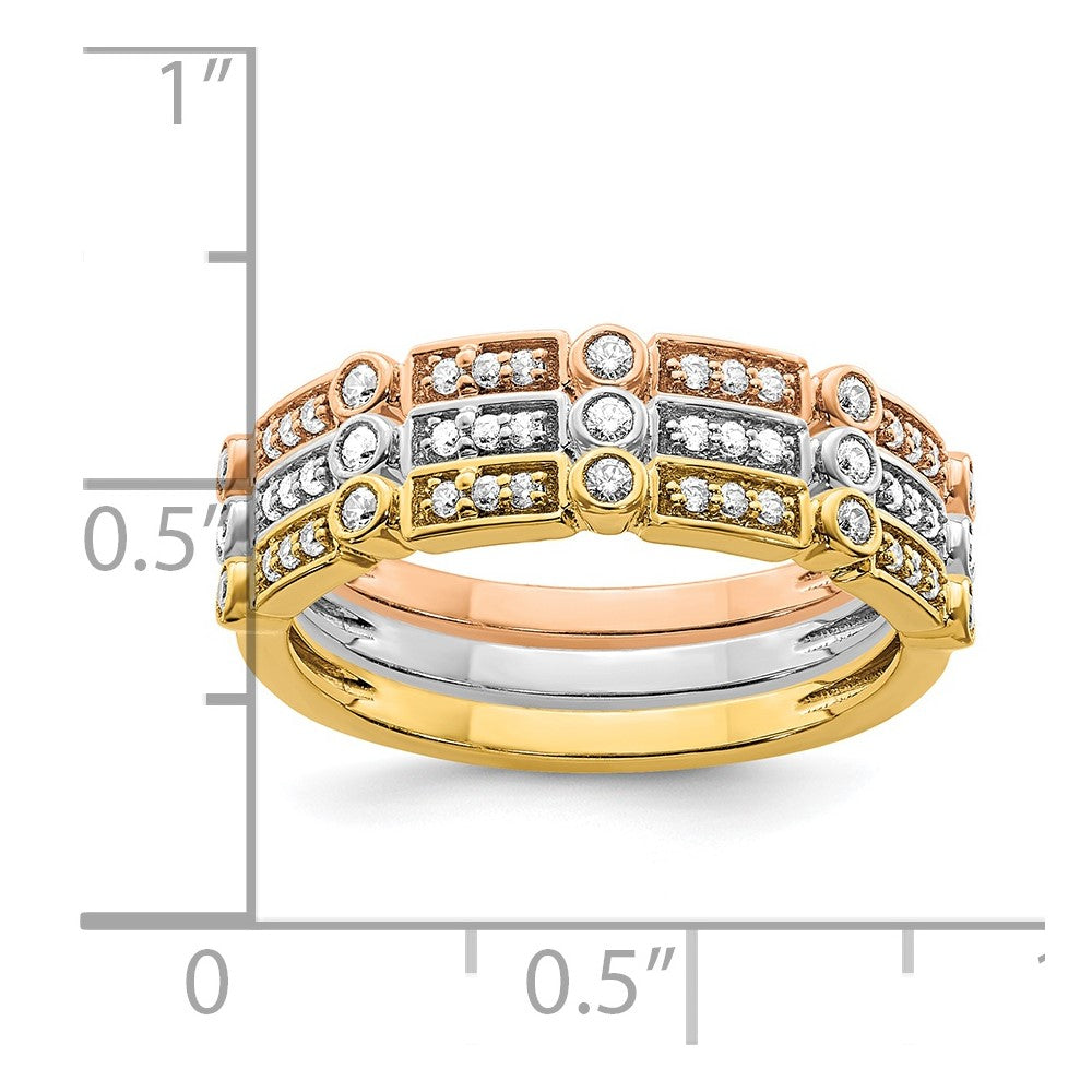 14K Tricolor Gold polierte 3er-Set Ringe mit echten Diamanten